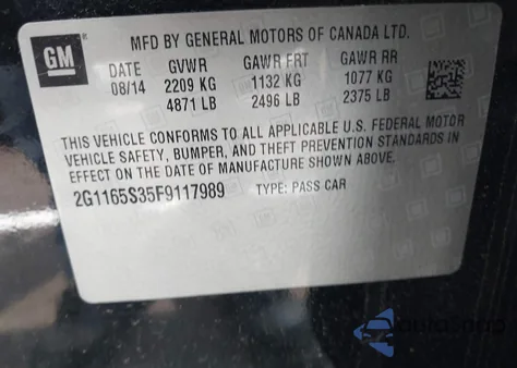 2015 Chevrolet Impala 2Lz from USA, damaged, VIN 2G1165S35F9117989